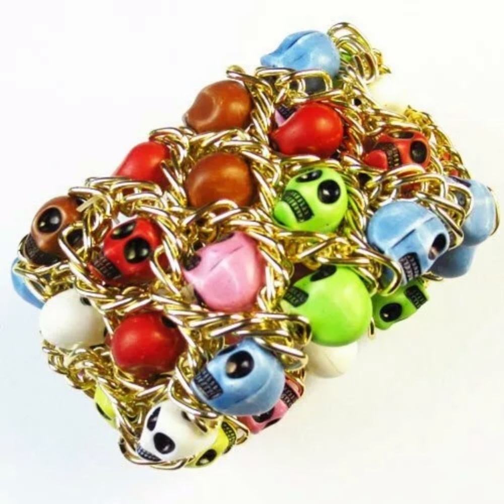 Carved Skull Bead Colorful Stretchy Bracelet
